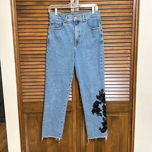 Express Super High Rise Black Velvet-like Lace Detail Raw Hem Jeans Size 10R